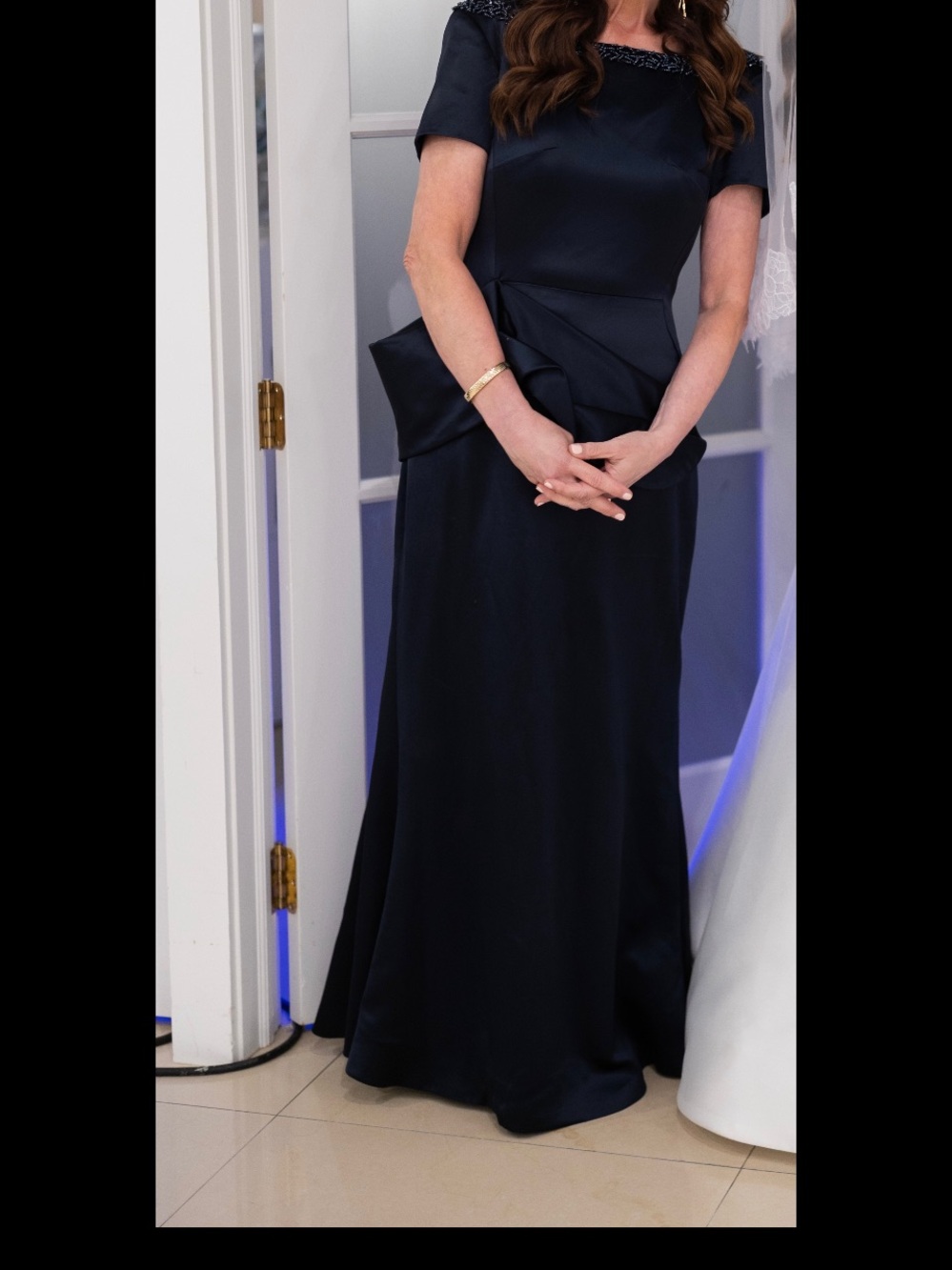 Elegant Navy Satin Evening Gown with Bow Detail